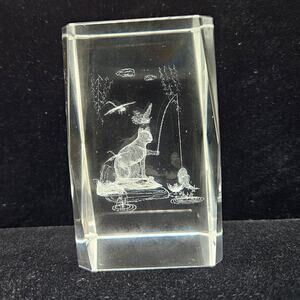 3D Laser Etched Crystal Glass Block – Cat Fishing Scene Paperweight Figurine